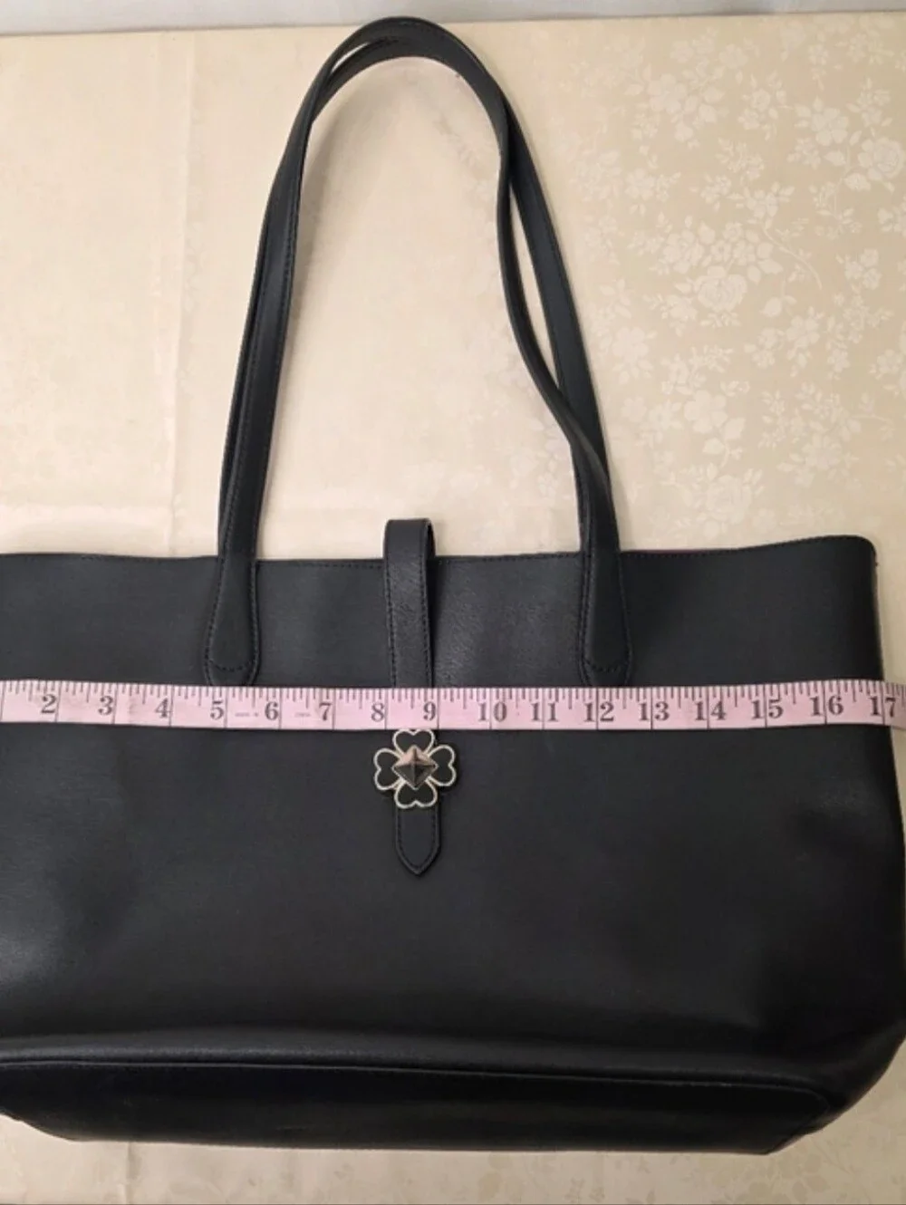 Kate Spade Black Leather Tote Bag Pink Interior Spade Flower Twist Lock